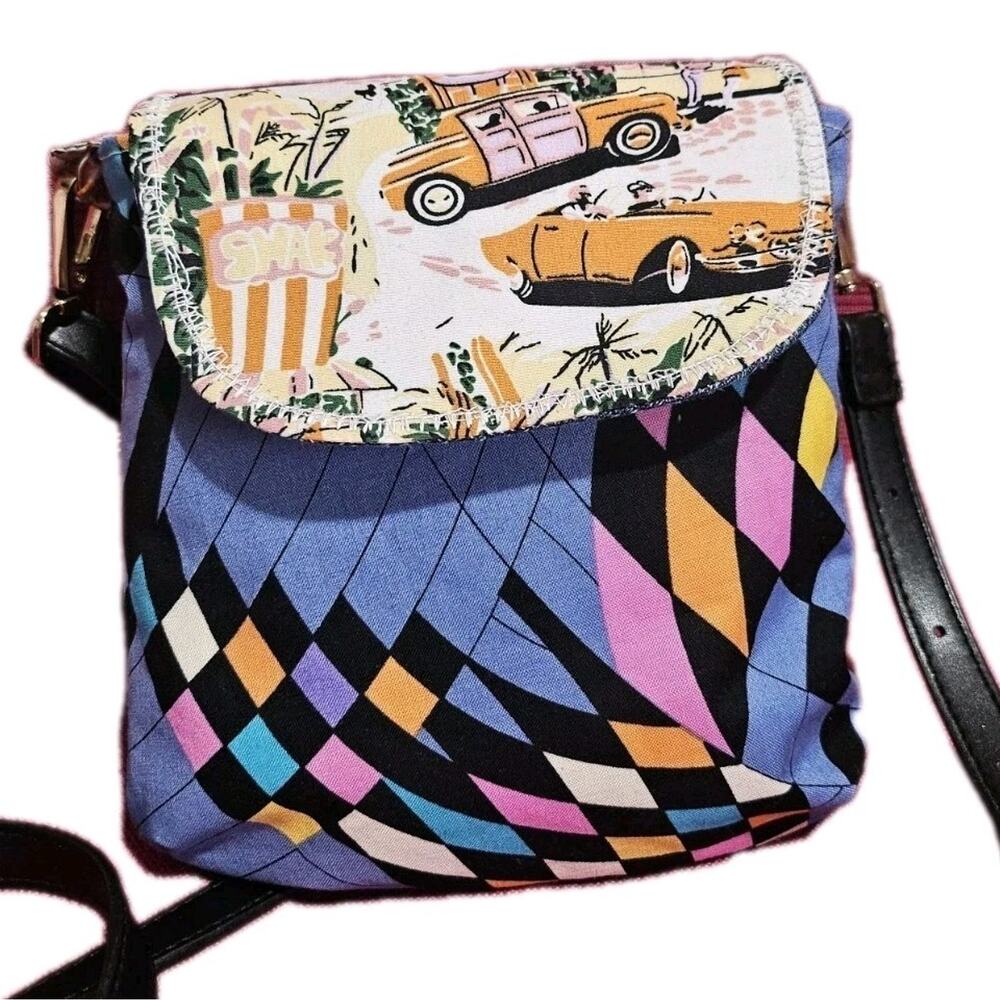 Handmade Upcycled Denim Vintage Fabric Crossbody Mini Messenger Bag Funky Retro